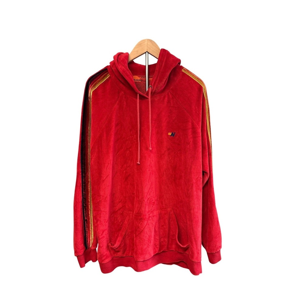 Aviator Nation Red Velour Rainbow Stripe Pullover Hoodie XXL Women's Mens Unisex